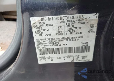 2000 Ford Excursion Limited from USA, damaged, VIN 1FMNU43S0YEE51759